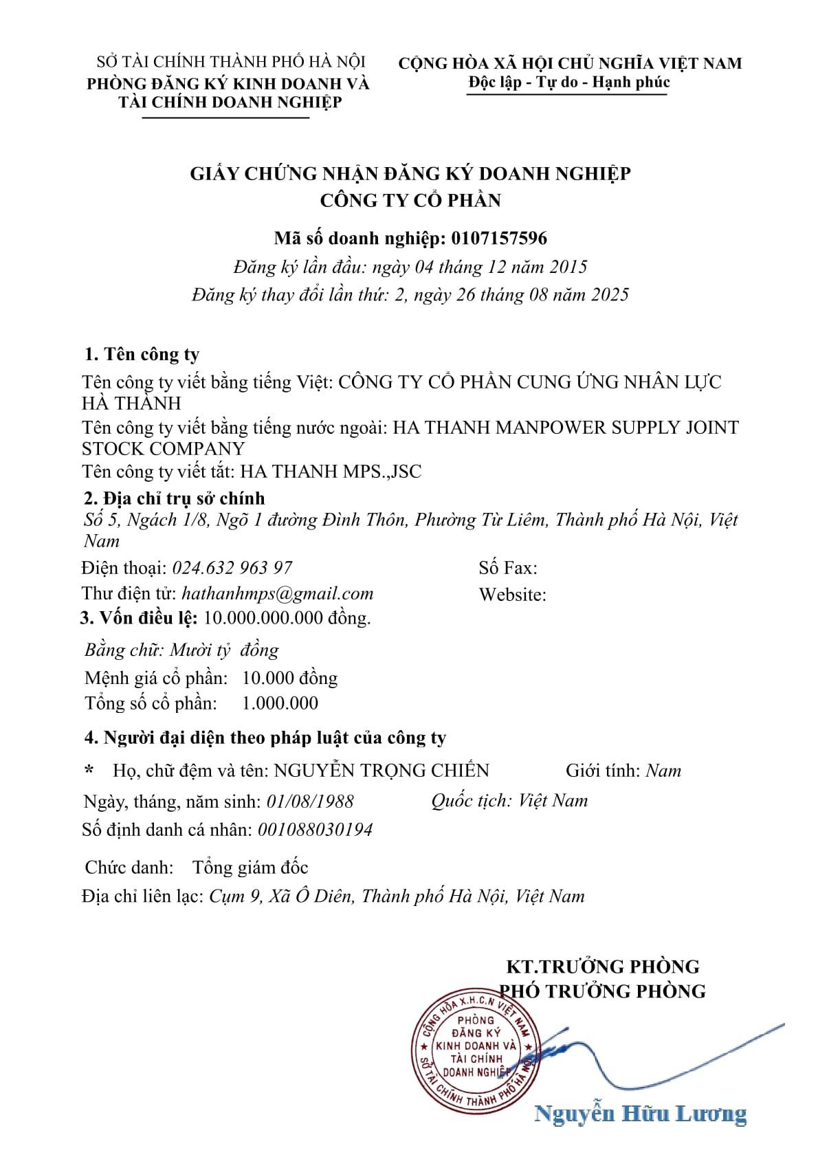 CHỨNG NHẬN ĐĂNG KÝ KINH DOANH